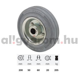   WPSG 2003 2000, szürke (nyommentes) gumi futófelület, 200 mm átmérő, 205 kg teherbírás, tűgörgős csapágyazás