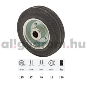   WPSM 1252 2000, fekete gumi futófelület, 125 mm átmérő, 120 kg teherbírás, tűgörgős csapágyazás 