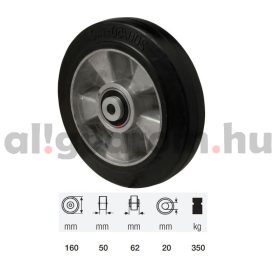   WTAB 1603 6150, fekete tömörgumi futófelület, 160 mm átmérő, 350 kg teherbírás, dupla golyós csapágyazás