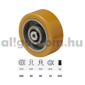   WTAU 1002 6150, Poluretán futófelület, 100 mm átmérő, 250 kg teherbírás, dupla golyós csapágyazás