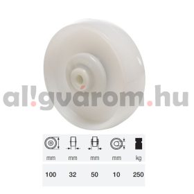   WTPN 1002 5000, (poliamid) műanyag futófelület, 100 mm átmérő, 250 kg teherbírás, golyós csapágyazás