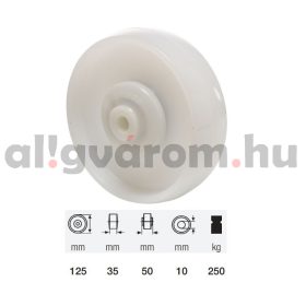   WTPN 1252 5100, (poliamid) műanyag futófelület, 125 mm átmérő, 250 kg teherbírás, golyós csapágyazás