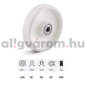   WTPN 1603 6000, (poliamid) műanyag futófelület, 160 mm átmérő, 450 kg teherbírás, golyós csapágyazás